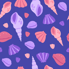 Seashell summer seamless pattern. Marine underwater life, beach ocean shells, modern trendy vector flat cartoon illustration on blue background, repeat design for kids wallpaper or textile fabric 