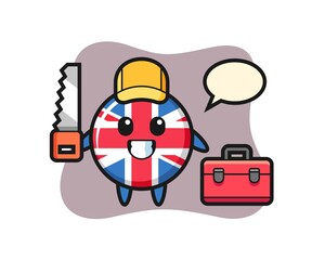 Illustration of united kingdom flag badge character as a woodworker