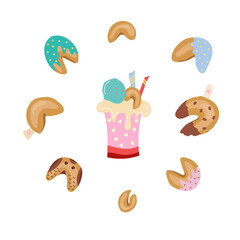 Set of fortune chinese cookies and pink milkshake. Cartoon vector illustration.