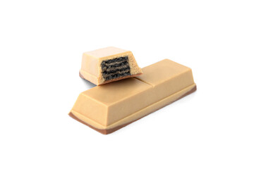 White chocolate bar with black waffle isolated on white background. Black wafer in white chocolate.