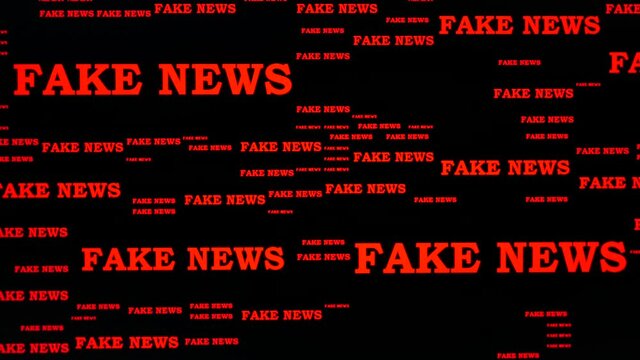 Animation with a multitude of "fake news" writings appearing on a black screen. Frontal view