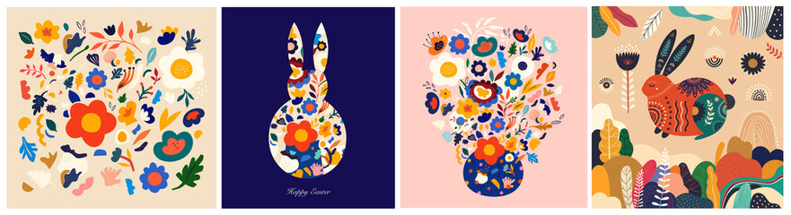 Floral spring colourful trendy background and wallpaper with decorative bunny