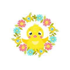 Easter illustration of cute chicken in spring flowers.