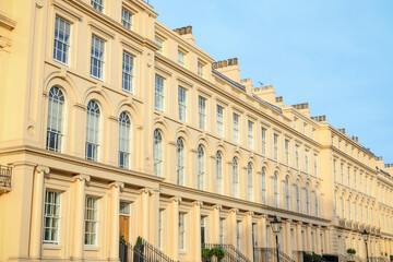 Facade of Georgian style terraced houses in Marylebone, London