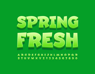 Vector green banner Spring Fresh. Creative modern Font. Cute Alphabet Letters and Numbers set