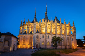 Fototapeta na wymiar St. Barbara's Church in Kutna Hora, Czech Republic, at twilight. Unique medieval cathedral in the Central Bohemian region.