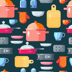 Seamless pattern of kitchen utensils for home cooking.