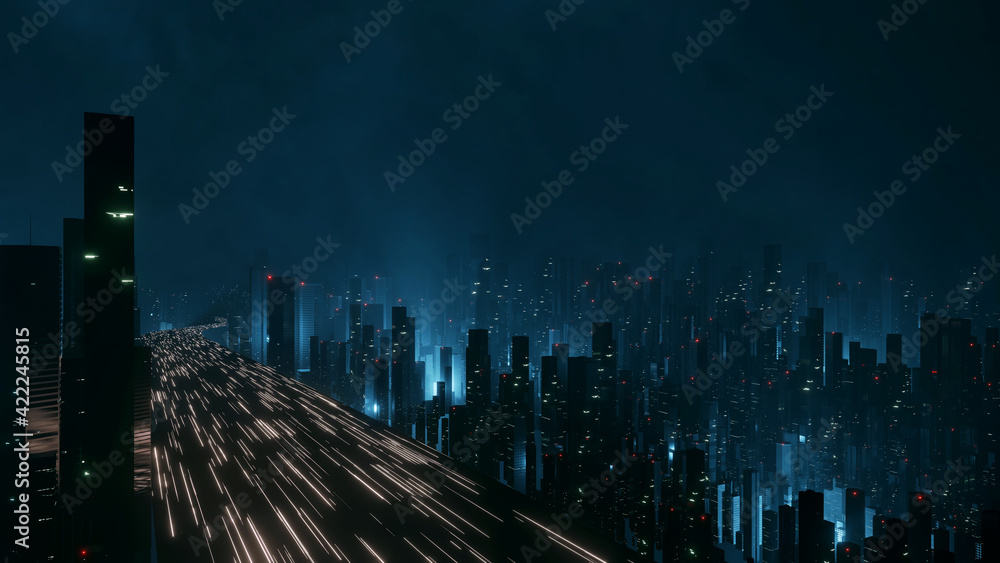 Poster 3d rendering of warp speed in hyper loop with blur light from buildings' lights in mega city at nigh