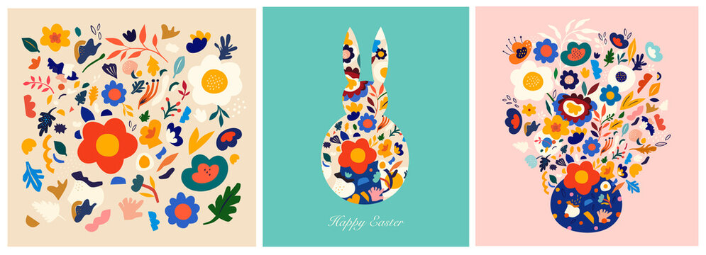Floral spring colourful trendy background and wallpaper with decorative bunny