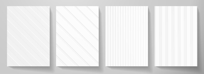 Modern blank white background design set. Creative dynamic diagonal, line pattern (geometric stripe ornament). Abstract graphic vector background for cover, vertical business page, flyer template
