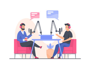 Blogger podcasters streaming concept. Flat vector illustration