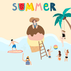 Collection of summer background set with people,beach,coconut tree.Editable vector illustration for invitation,postcard and website banner