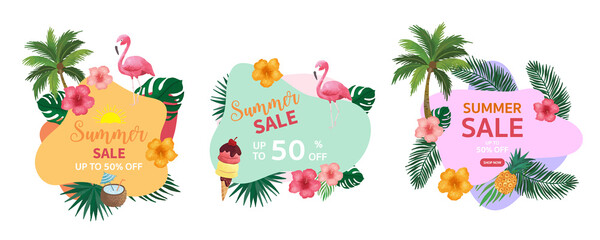 Collection of summer sale background set with flamingo,coconut tree.Editable vector illustration for invitation,postcard and website banner © piixypeach