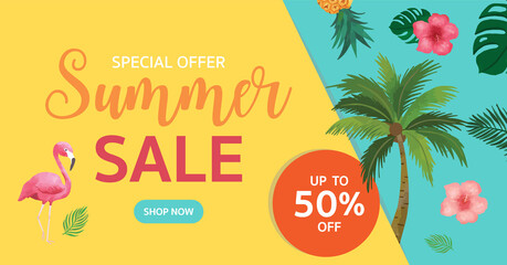 Collection of summer sale background set with flamingo,coconut tree.Editable vector illustration for invitation,postcard and website banner