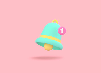 Cartoon notification bell with one new notification isolated on pastel pink background