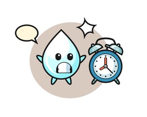 Cartoon Illustration of milk drop is surprised with a giant alarm clock