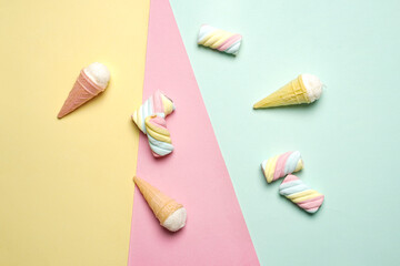 Marshmallows or chewy candy in various colors and in the form of ice cream. This candy is very liked by young children to parents. pastel color desserts, sweet snacks. Snacks accompany leisure time.