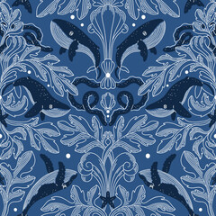 Nautical damask pattern with whales, pattern illustration