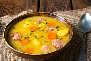 Classic pea soup with sausage and meat