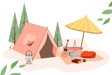 Obraz na płótnie Canvas Summer camping, summer picnic poster. Outdoor leisure activity set. Editable vector illustration.