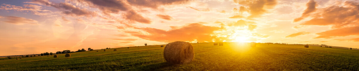 Sunset in a field with haystacks on a summer or early autumn evening with a cloudy sky in the...
