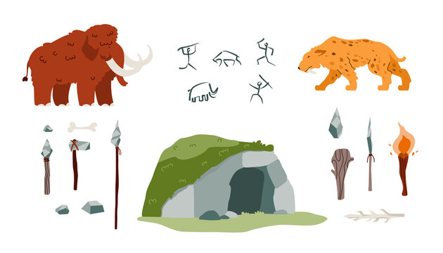 Icons on theme stone age - prehistoric weapons, tools, cave paintings and fire