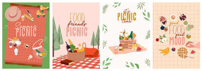 Summer picnic poster or invitation cards set with tasty food and leisure things. Outdoor active rest.  Editable vector illustration. - obrazy, fototapety, plakaty