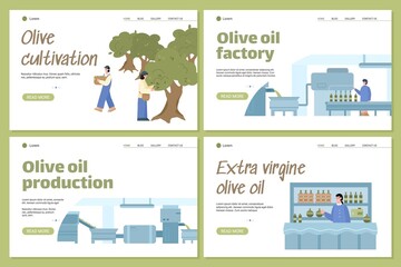 Olive oil production and olives cultivation banners, flat vector illustration.