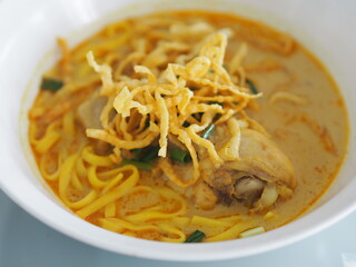 Khao Soi Recipe, Curried Noodle Soup with Chicken, noodle food in white dish, Thai food