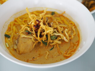 Khao Soi Recipe, Curried Noodle Soup with Chicken, noodle food in white dish, Thai food