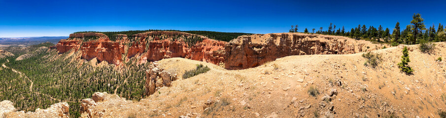 Fototapeta na wymiar Bryce Canyon National Park, Utah. Rock formations on a sunny summer day - Panoramic view