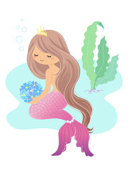Mermaid holding a round bouquet in both hands, with seaweed and sea water in the background