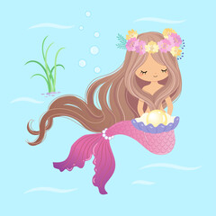 Mermaid holding shell pearls in both hands, with seaweed and sea water in the background