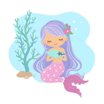 The mermaid holds a shell in both hands and sits on the ground with seaweed in the background