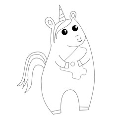 Cute fairy unicorn holding number 4 four, coloring book in outline style, simple vector illustration