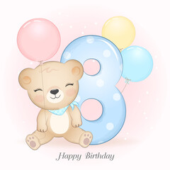 Fototapeta na wymiar Cute little Bear birthday party with number, greeting card illustration