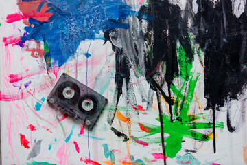 VIntage audio cassette on art paint as a background. Above view