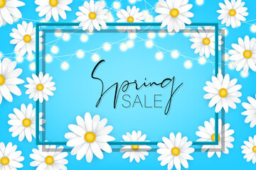 Spring sale banner. White daisy flowers on blue background and frame. Vector illustration.