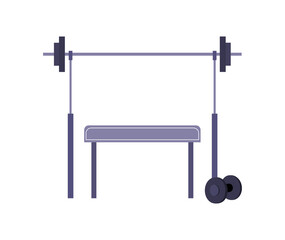 Sport simulator bench press rack, gym equipment heavy barbell for power workout.