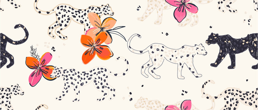 Hand drawn abstract jungle pattern with leopards and exotic flowers. Collage contemporary seamless pattern. Fashionable template for design.