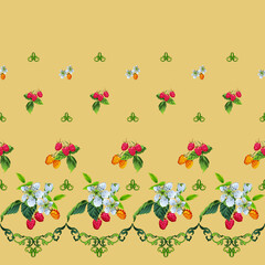 Seamless border with red and yellow raspberries, green leaves and flowers on a gentle orange background.