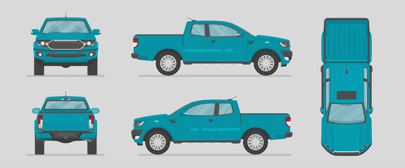Car in different view. Front, back, top and side car projection. Flat illustration for designing. Vector pickup truck.