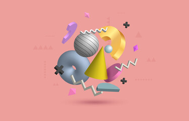 3d realistic abstract background in memphis style. Volumetric figures on a pink background.