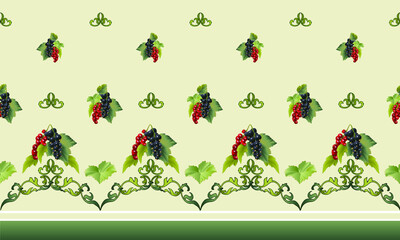 Seamless border with red and black currant berries, green leaves on a gentle green background.
