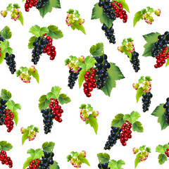 Vector garden berries of red and black currant with green leaves and flowers seamless pattern. Background design for tea, ice cream, natural cosmetics. Best for textiles, wrapping paper.