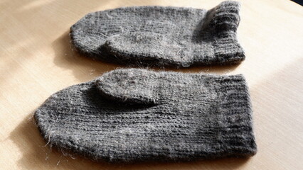 sock and mittens made of sheep wool