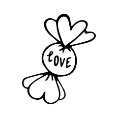 Sweet hard candy with the inscription love. Black and white candy, caramel, chocolate candy. Vector hand-drawn illustration in a doodle style, isolated. Declaration of love. For Valentine's Day.