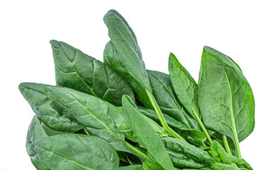 Pile of fresh green baby spinach leaves isolated on white background. Border. Top view. Copyspace