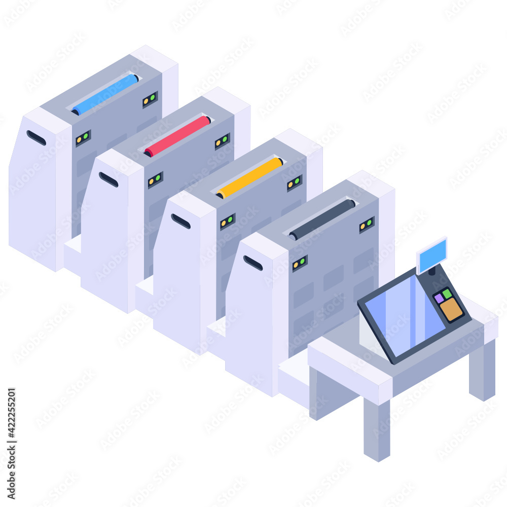 Poster 
Isometric icon of offset press, printing machine 

