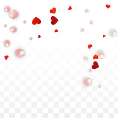Vector Realistic Petals and Hearts Confetti. Flying Rose and Hearts on Transparent Background.